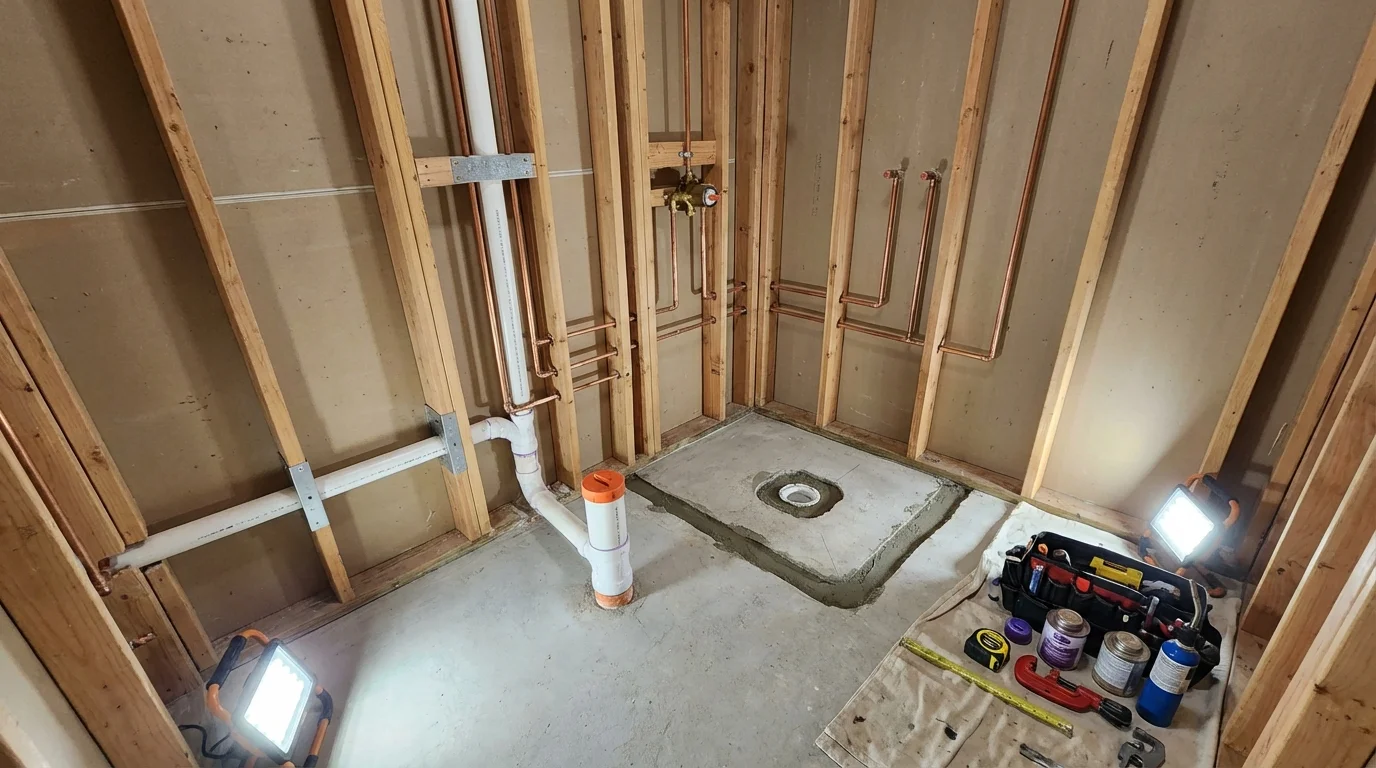Bathroom rough-in plumbing during remodel by Johns Plumbing LLC in Eldora