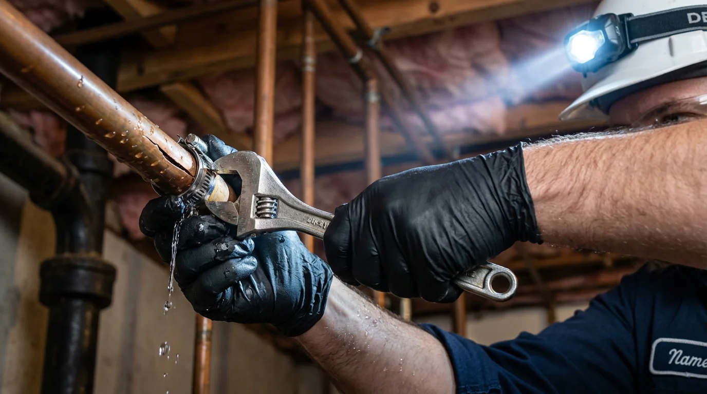 Emergency pipe clamp repair being performed by a Johns Plumbing LLC plumber in Eldora