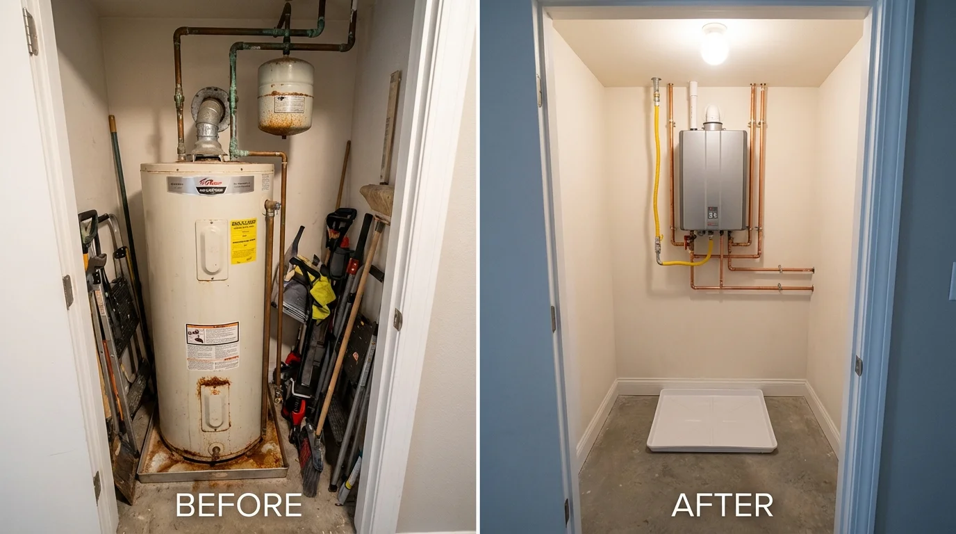 Tank water heater versus wall-mounted tankless unit comparison for Eldora, IA homeowners