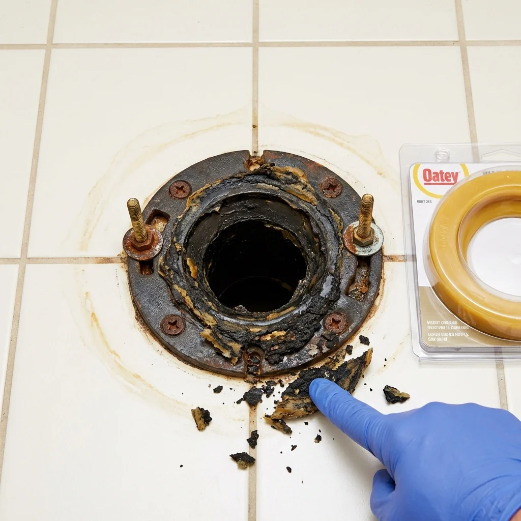 Failed wax ring showing water seepage at the base of a toilet in a Eldora, IA home